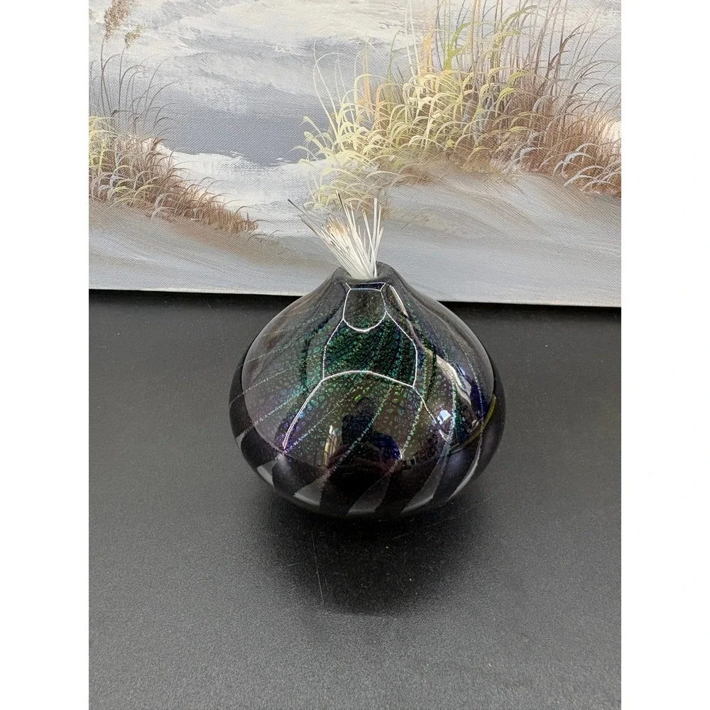 Maytum Studio 1994 Iridescent Art Glass Paperweight Oil Lamp Blue Green